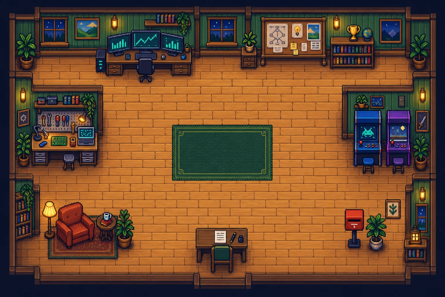 A top-down pixel-art workshop with glowing terminals, a trophy shelf, a workbench, arcade games, an armchair, a résumé desk and a mailbox.
