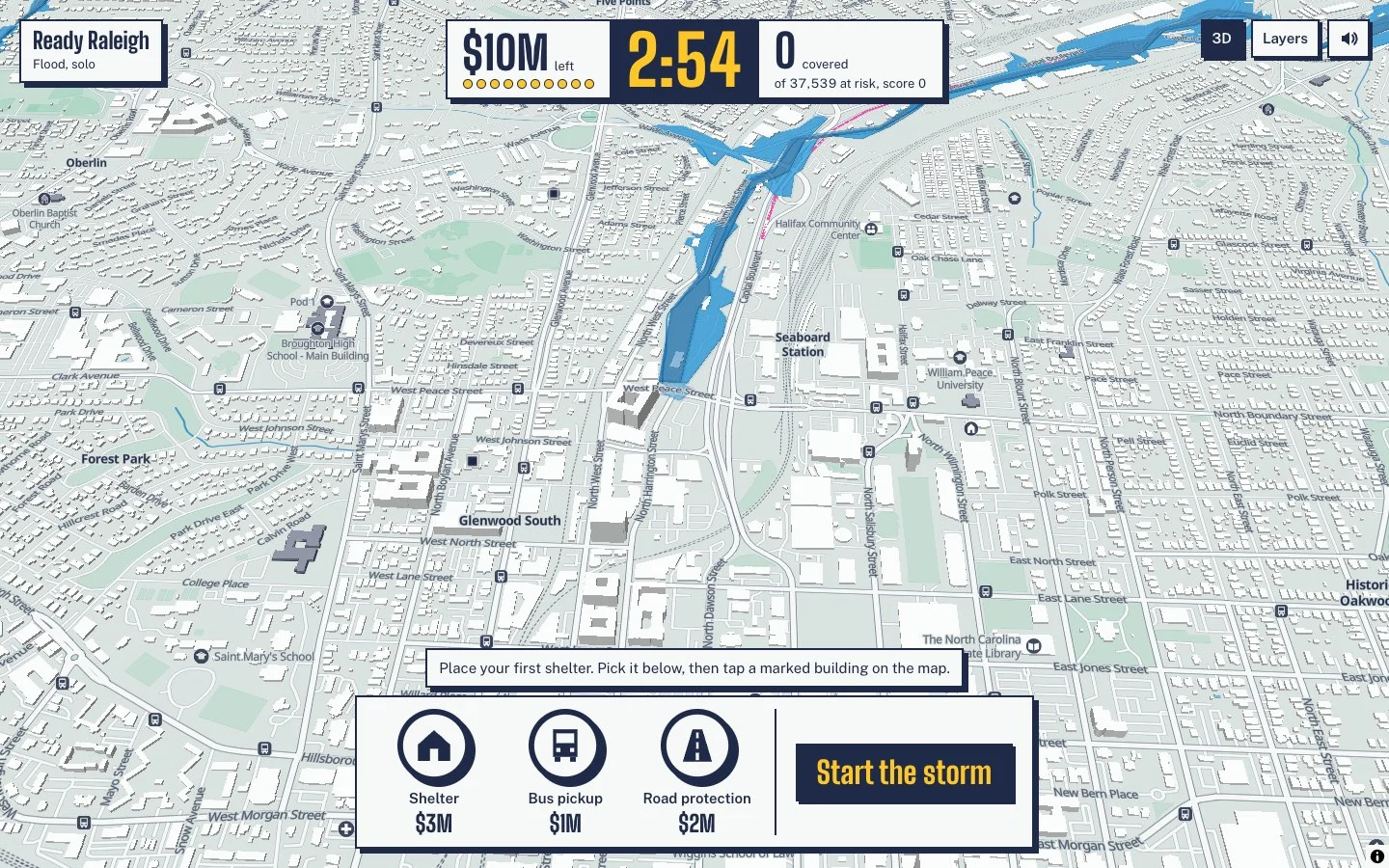 Mayday Mayor prototype showing a 3D Raleigh map with shelter, bus pickup and road protection planning controls
