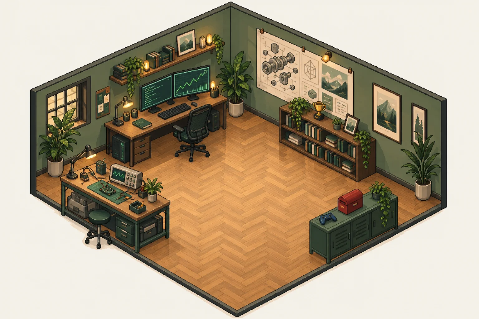 An isometric pixel-art studio with a coding desk, research bookshelf, electronics bench and mailbox.